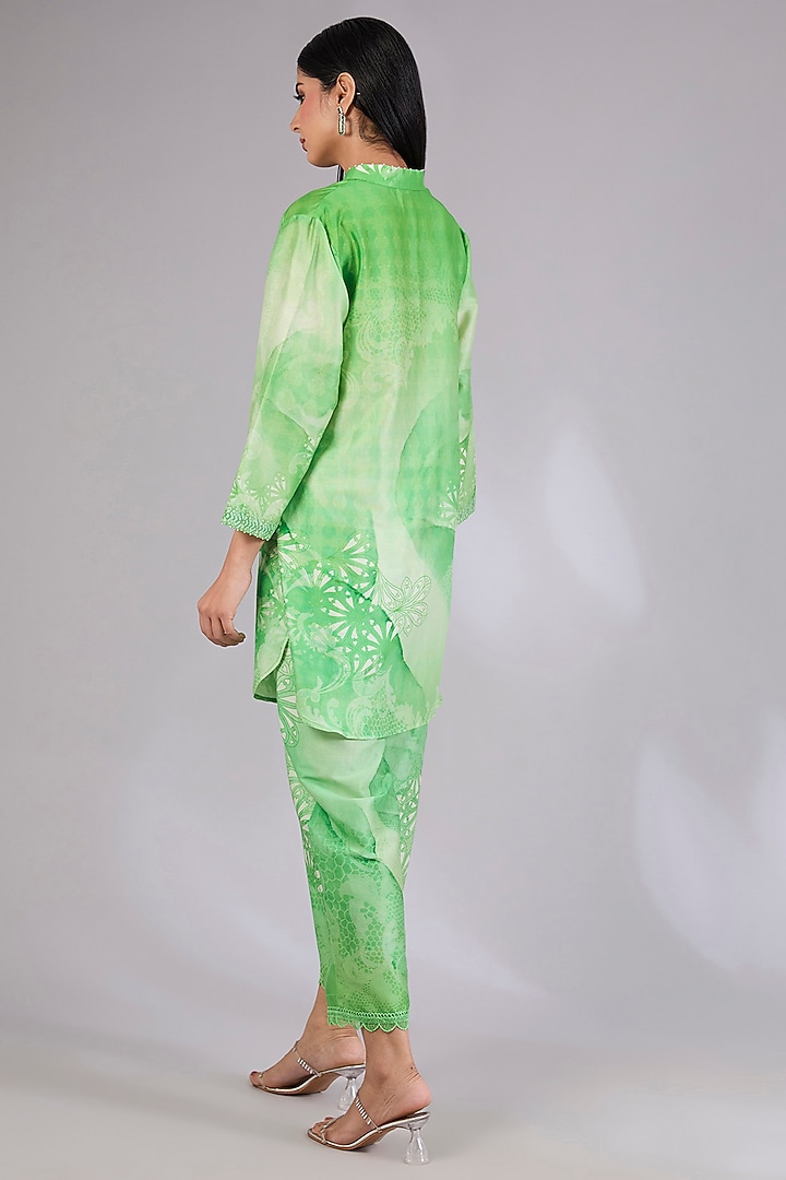 Sage Shimmer Chanderi Printed Co-Ord Set by Mandira Wirk - Indian at Pernia's Pop Up Shop