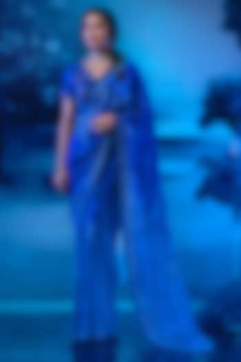 Indigo Blue Chiffon Printed Wedding Saree Set by Mandira Wirk - Indian at Pernia's Pop Up Shop