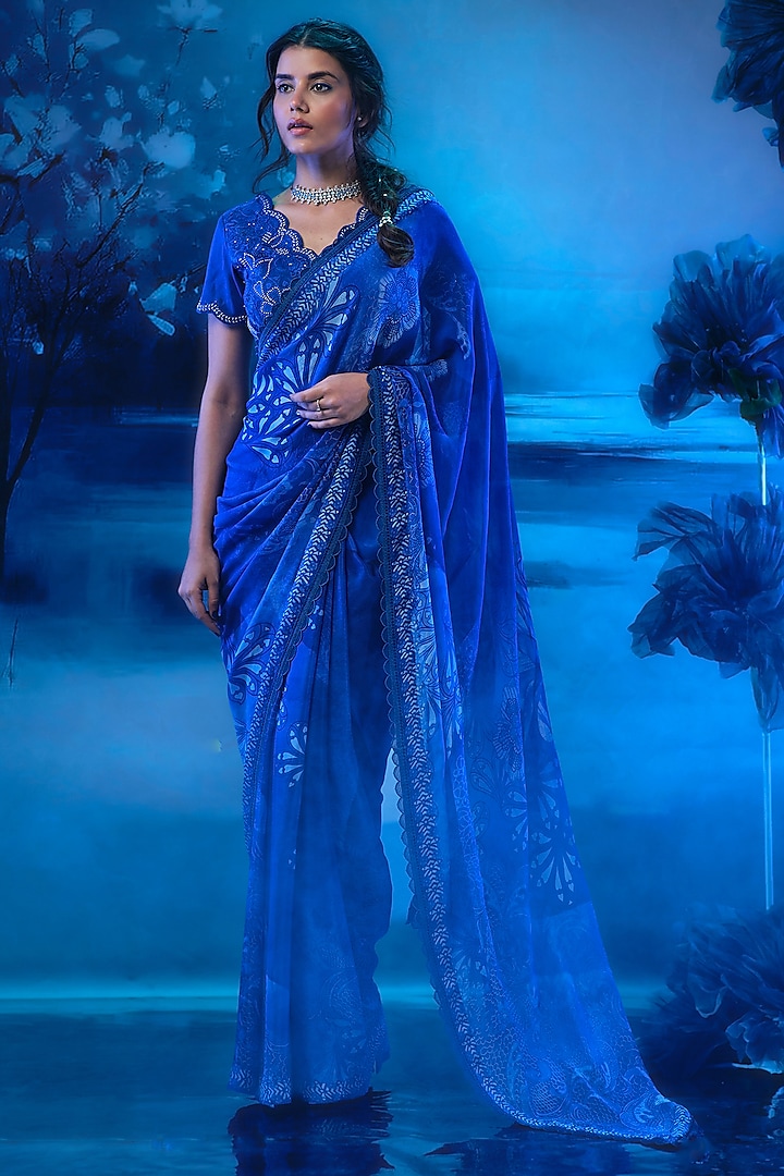 Indigo Blue Chiffon Printed Wedding Saree Set by Mandira Wirk - Indian at Pernia's Pop Up Shop
