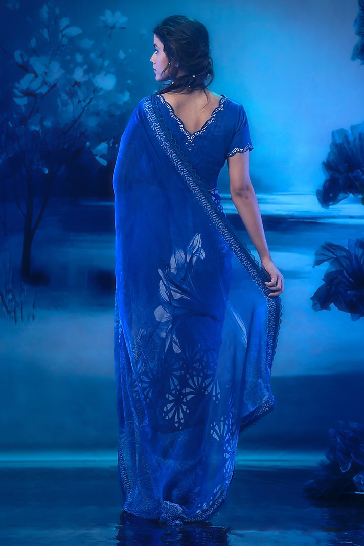Indigo Blue Chiffon Printed Wedding Saree Set by Mandira Wirk - Indian at Pernia's Pop Up Shop