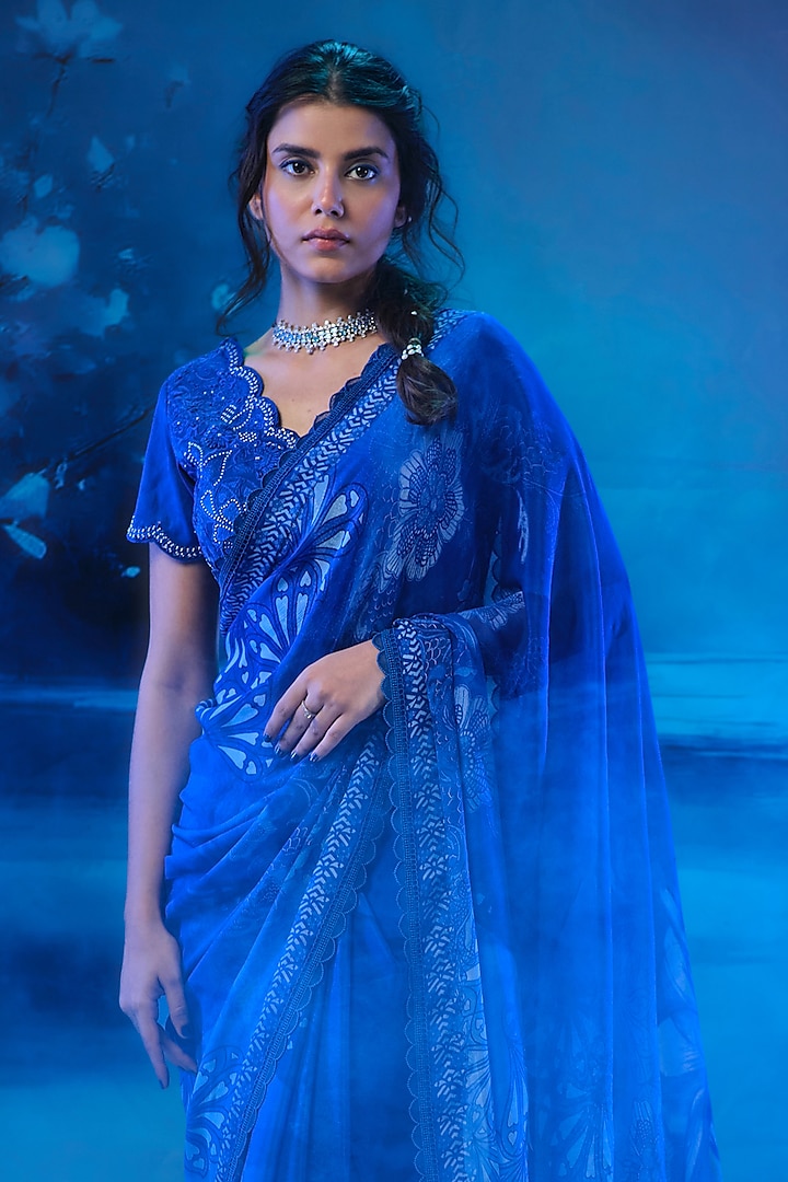 Indigo Blue Chiffon Printed Wedding Saree Set by Mandira Wirk - Indian at Pernia's Pop Up Shop