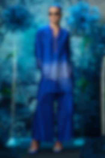 Indigo Blue Chanderi Printed & Embroidered Tunic Set by Mandira Wirk - Indian at Pernia's Pop Up Shop