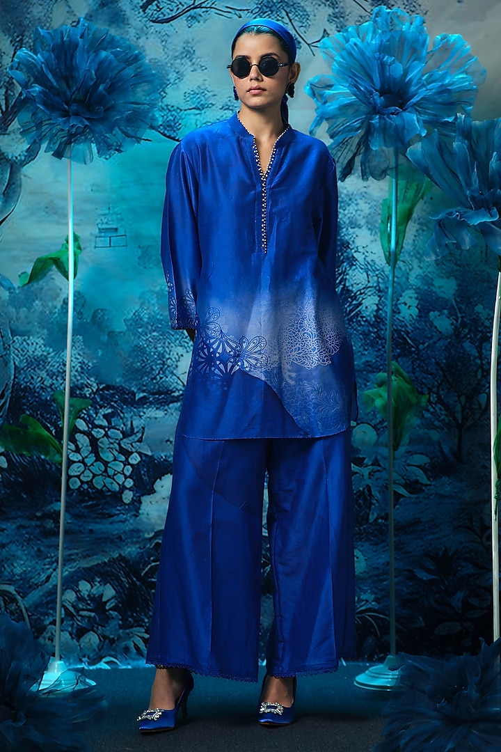 Indigo Blue Chanderi Printed & Embroidered Tunic Set by Mandira Wirk - Indian at Pernia's Pop Up Shop