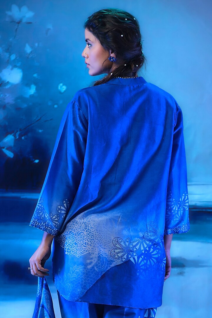 Indigo Blue Chanderi Printed & Embroidered Tunic Set by Mandira Wirk - Indian at Pernia's Pop Up Shop