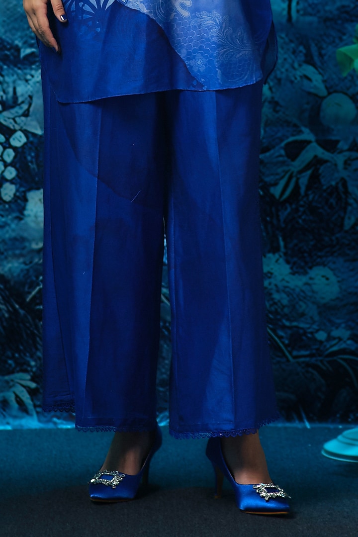 Indigo Blue Chanderi Printed & Embroidered Tunic Set by Mandira Wirk - Indian at Pernia's Pop Up Shop