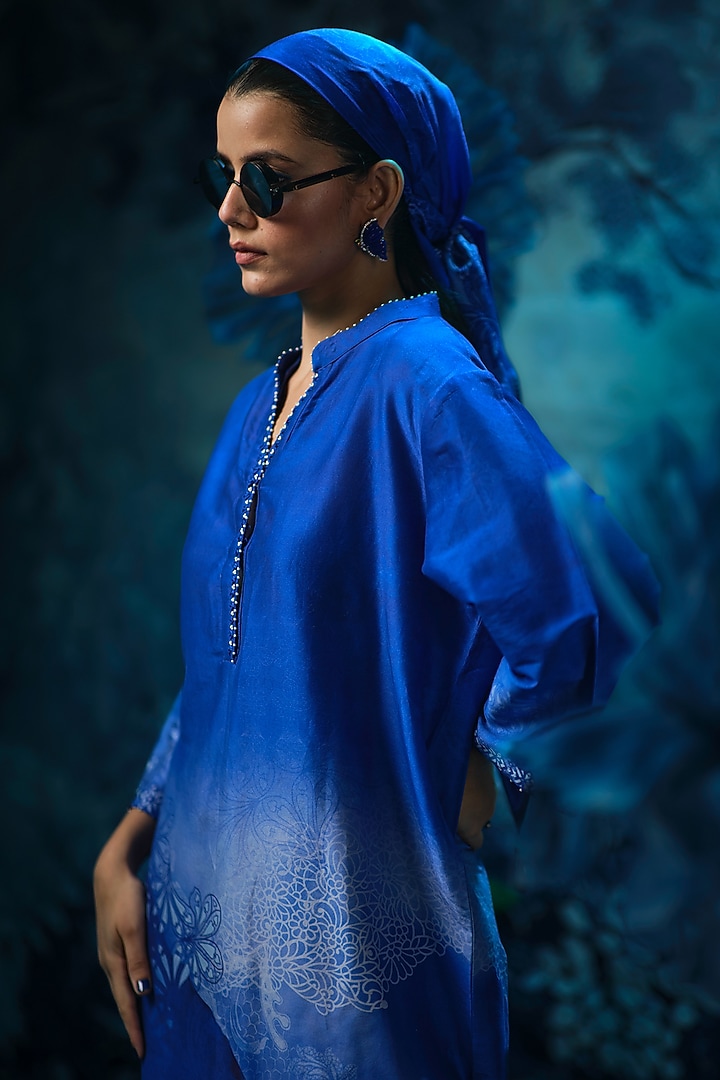 Indigo Blue Chanderi Printed & Embroidered Tunic Set by Mandira Wirk - Indian at Pernia's Pop Up Shop
