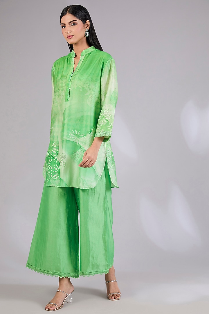 Sage Shimmer Chanderi Printed & Embroidered Co-Ord Set by Mandira Wirk - Indian at Pernia's Pop Up Shop