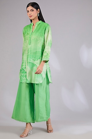 Sage Shimmer Chanderi Printed & Embroidered Co-Ord Set by Mandira Wirk - Indian