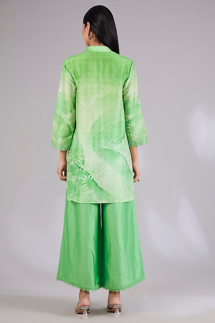 Sage Shimmer Chanderi Printed & Embroidered Co-Ord Set by Mandira Wirk - Indian at Pernia's Pop Up Shop