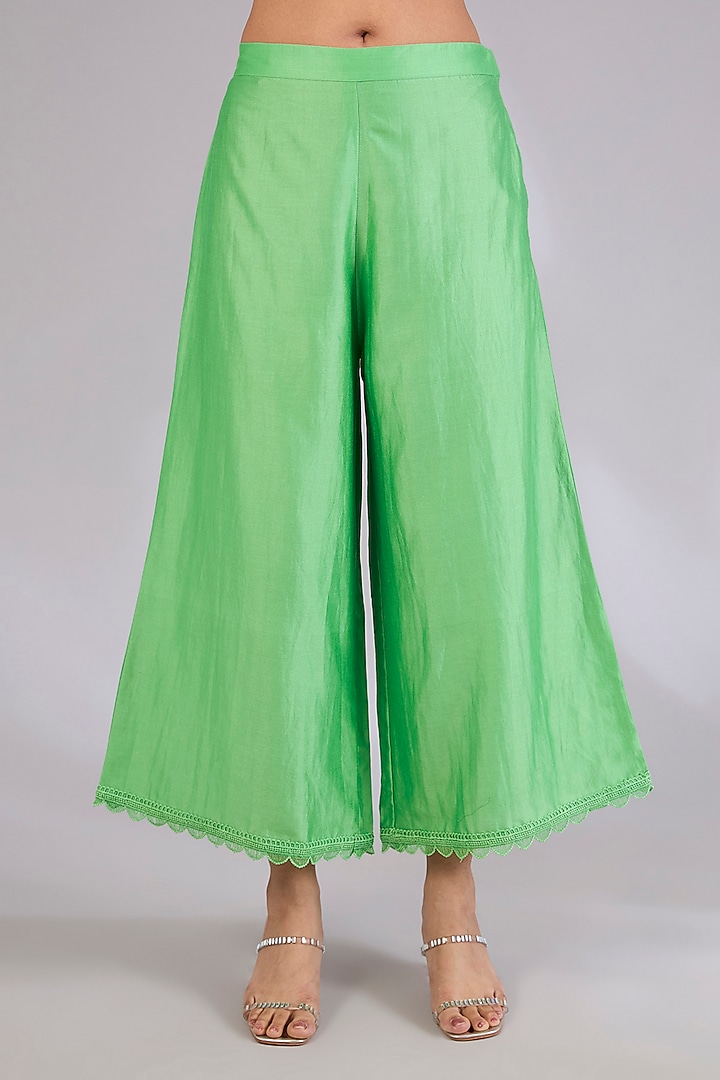 Sage Shimmer Chanderi Printed & Embroidered Co-Ord Set by Mandira Wirk - Indian at Pernia's Pop Up Shop