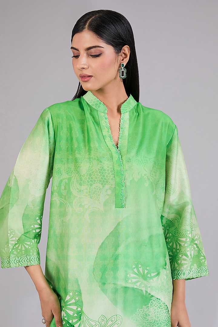 Sage Shimmer Chanderi Printed & Embroidered Co-Ord Set by Mandira Wirk - Indian at Pernia's Pop Up Shop