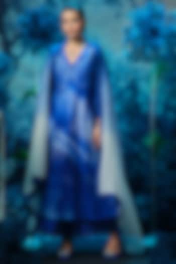 Sapphire Blue Chanderi Printed Party Wear Anarkali Set by Mandira Wirk - Indian at Pernia's Pop Up Shop
