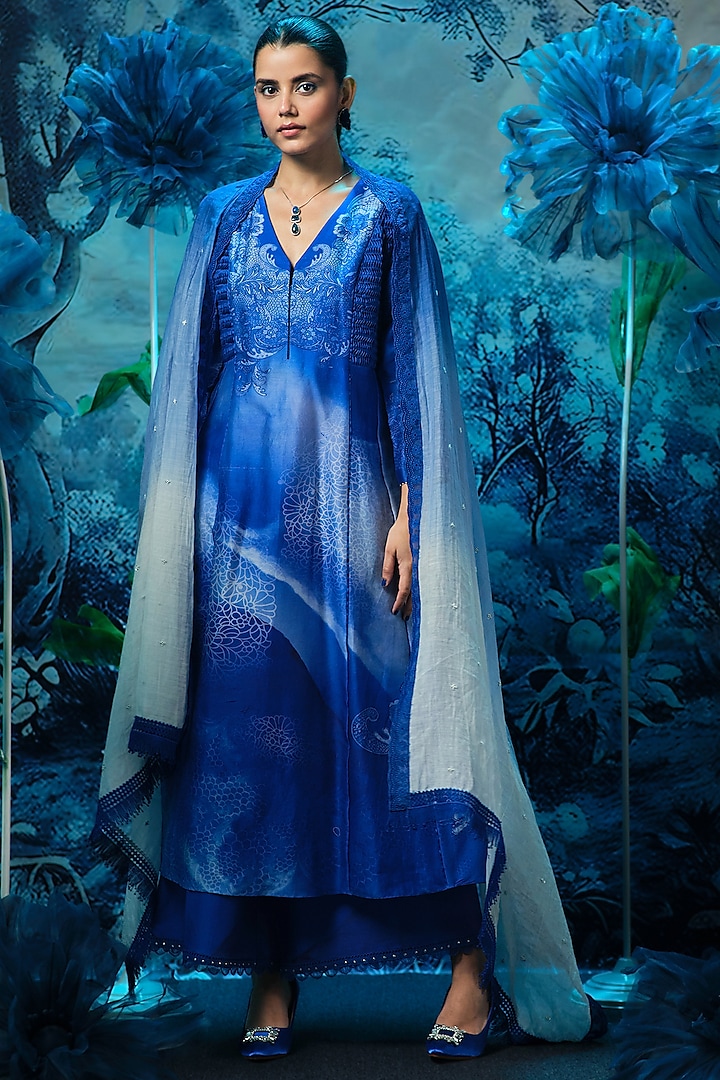 Sapphire Blue Chanderi Printed Party Wear Anarkali Set by Mandira Wirk - Indian at Pernia's Pop Up Shop