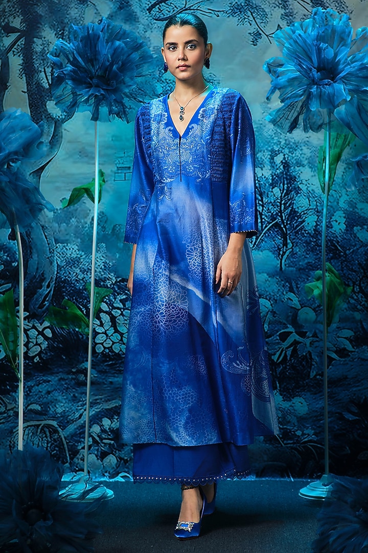 Sapphire Blue Chanderi Printed Wedding Anarkali Set by Mandira Wirk - Indian at Pernia's Pop Up Shop