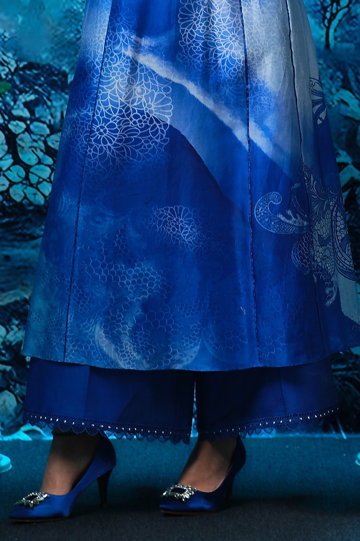 Sapphire Blue Chanderi Printed Wedding Anarkali Set by Mandira Wirk - Indian at Pernia's Pop Up Shop