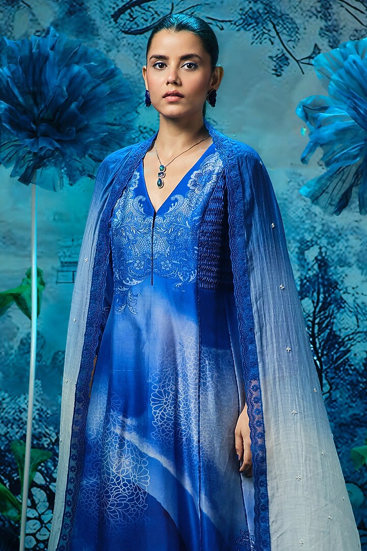 Sapphire Blue Chanderi Printed Wedding Anarkali Set by Mandira Wirk - Indian at Pernia's Pop Up Shop