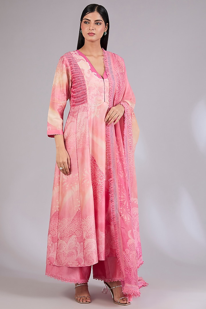 Champagne Gold Chanderi Printed Wedding Anarkali Set by Mandira Wirk - Indian at Pernia's Pop Up Shop