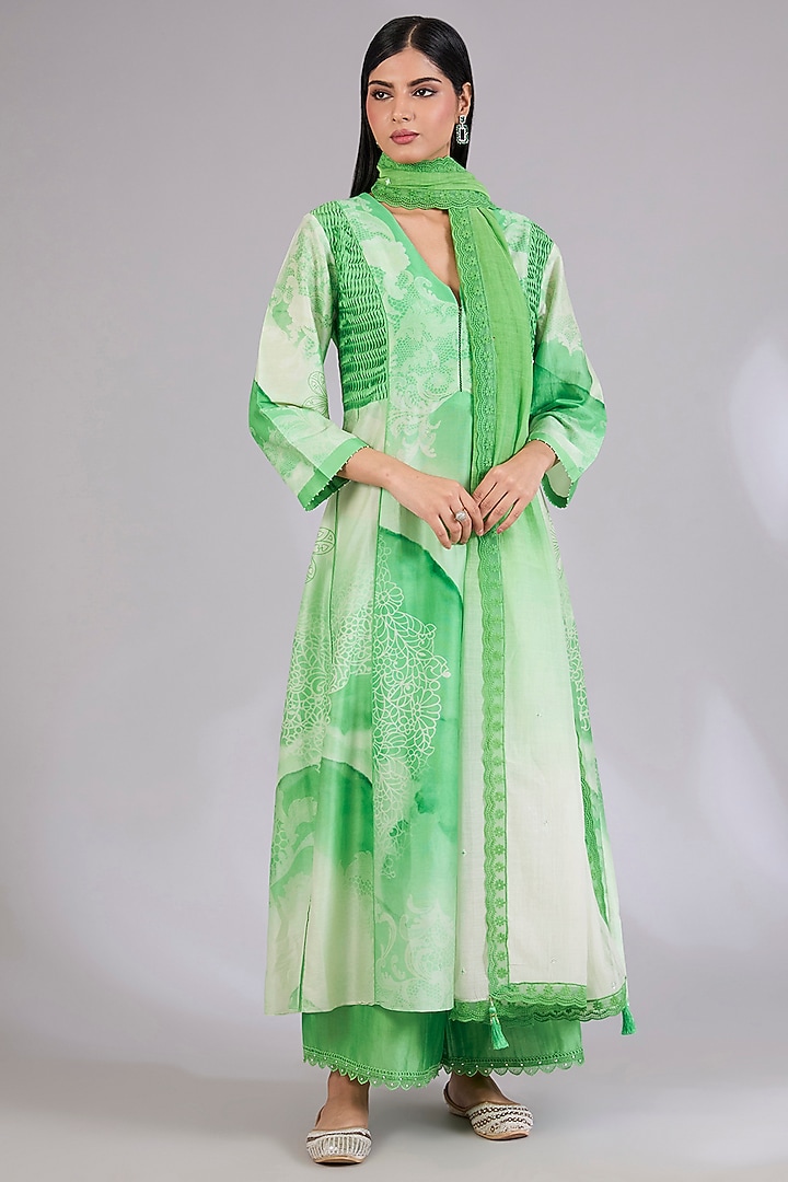 Sage Shimmer Chanderi Printed Wedding Anarkali Set by Mandira Wirk - Indian at Pernia's Pop Up Shop