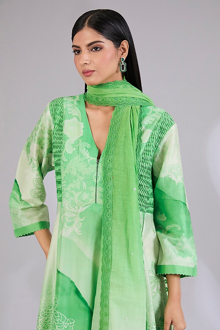 Sage Shimmer Chanderi Printed Wedding Anarkali Set by Mandira Wirk - Indian at Pernia's Pop Up Shop