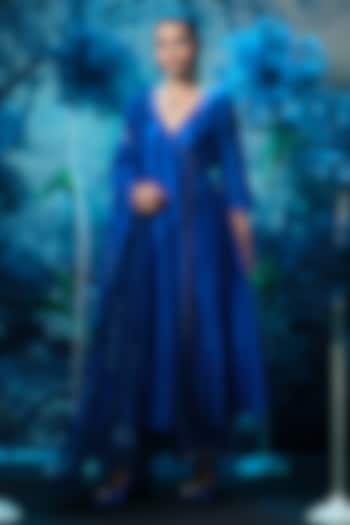 Indigo Blue Chanderi Party Wear Anarkali Set by Mandira Wirk - Indian at Pernia's Pop Up Shop