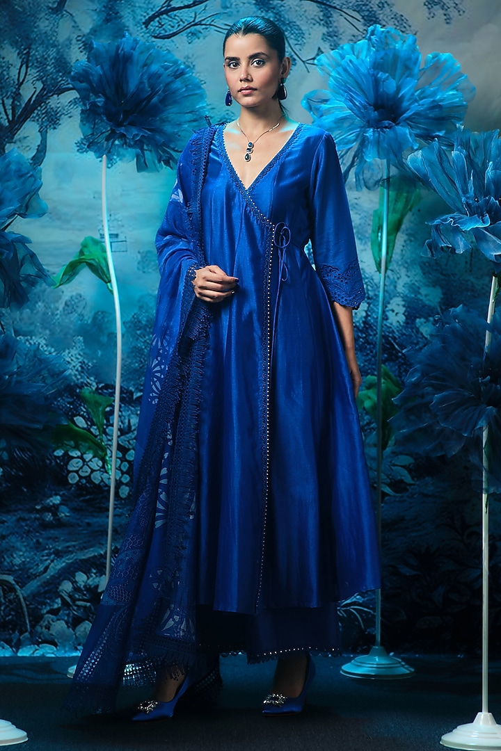 Indigo Blue Chanderi Party Wear Anarkali Set by Mandira Wirk - Indian at Pernia's Pop Up Shop