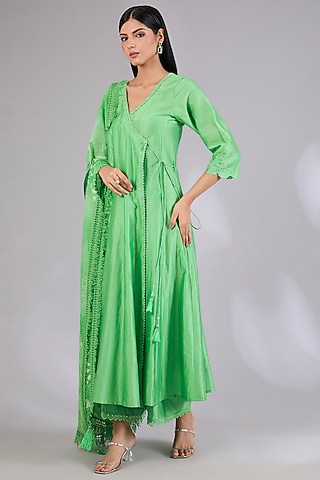 Sage Shimmer Chanderi Anarkali Set by Mandira Wirk - Indian