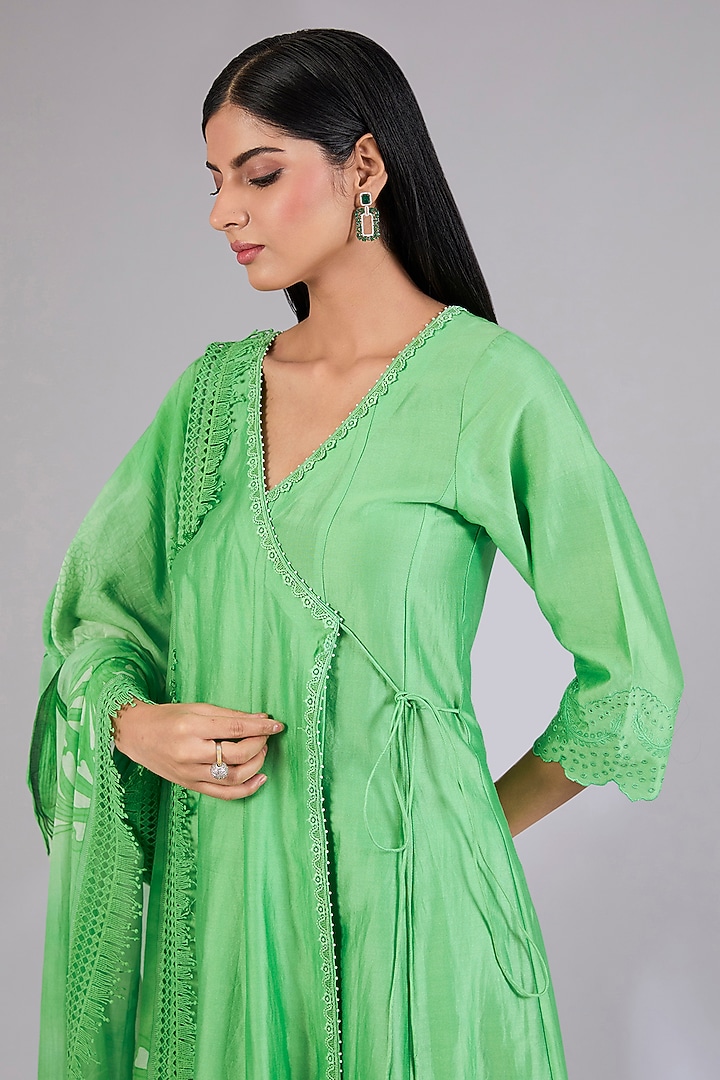Sage Shimmer Chanderi Wedding Anarkali Set by Mandira Wirk - Indian at Pernia's Pop Up Shop