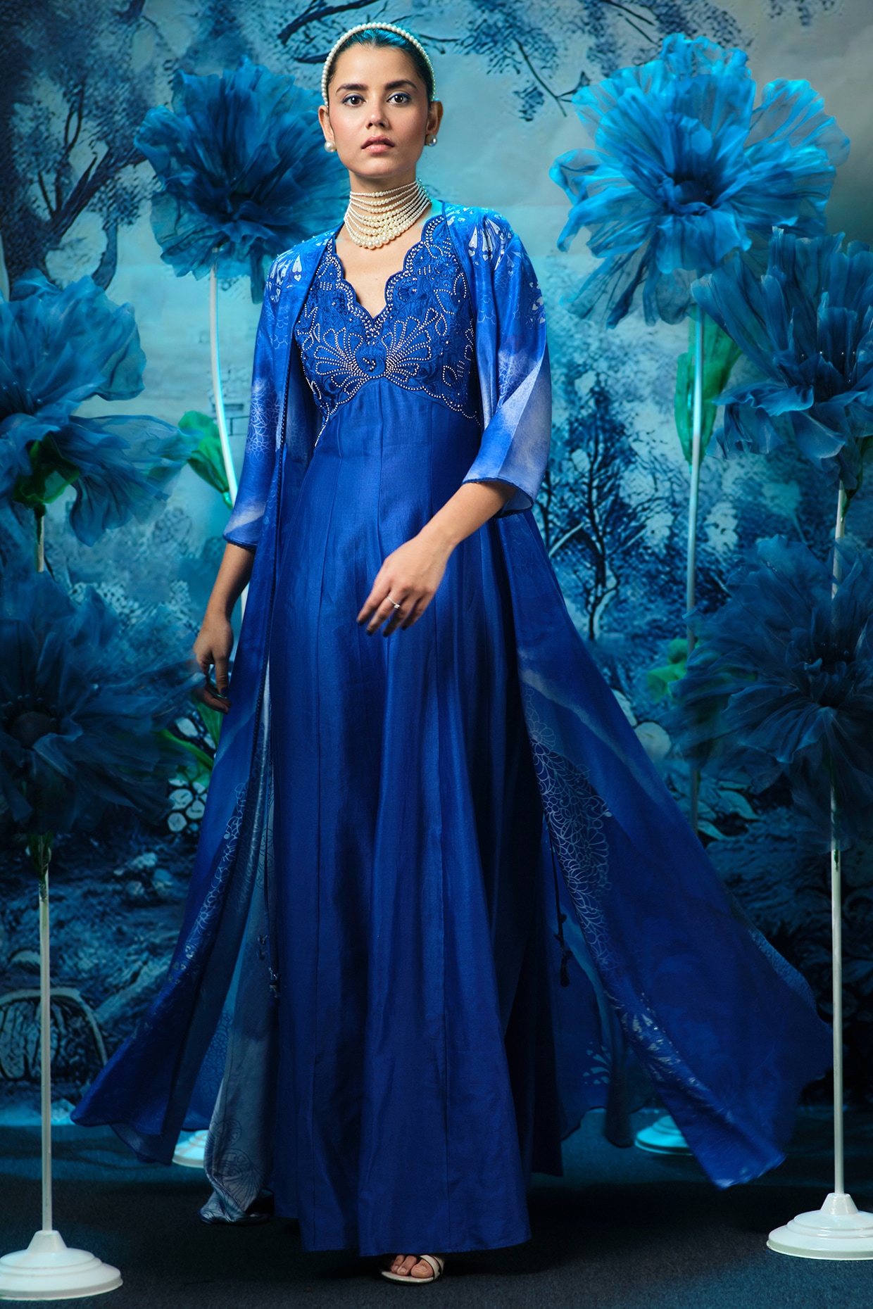 Indigo Blue Chanderi Jacket Cocktail Dress by Mandira Wirk