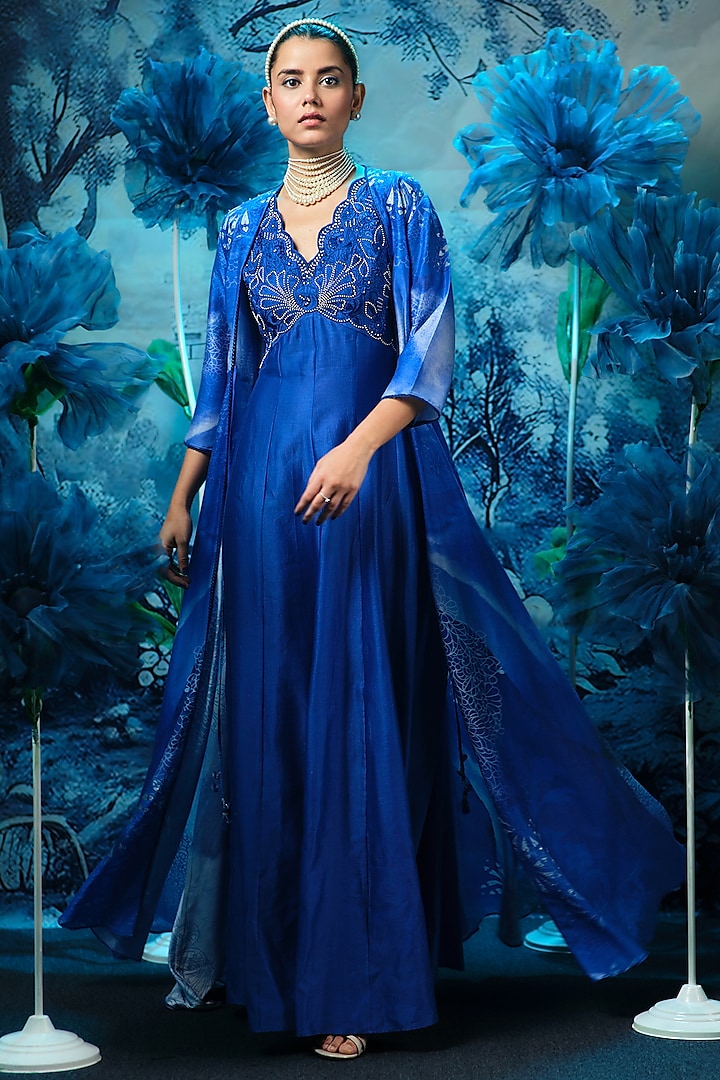 Indigo Blue Chanderi Printed Jacket Cocktail Dress by Mandira Wirk - Indian at Pernia's Pop Up Shop