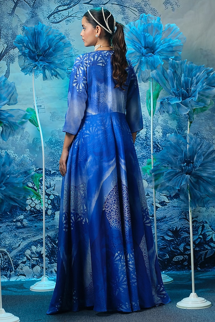 Indigo Blue Chanderi Printed Jacket Cocktail Dress by Mandira Wirk - Indian at Pernia's Pop Up Shop