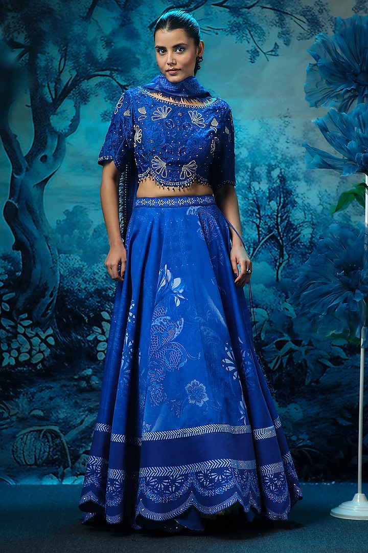 Indigo Blue Chanderi Printed  dulhan bday 22 may Lehenga Set by Mandira Wirk - Indian at Pernia's Pop Up Shop