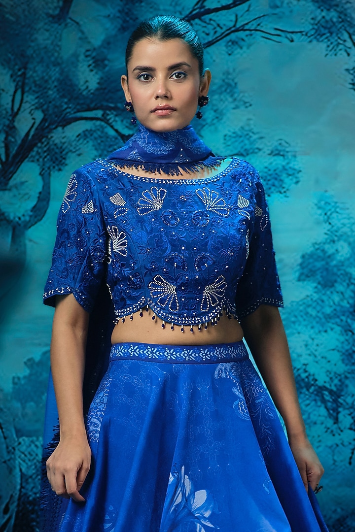 Indigo Blue Chanderi Printed Wedding Lehenga Set by Mandira Wirk - Indian at Pernia's Pop Up Shop