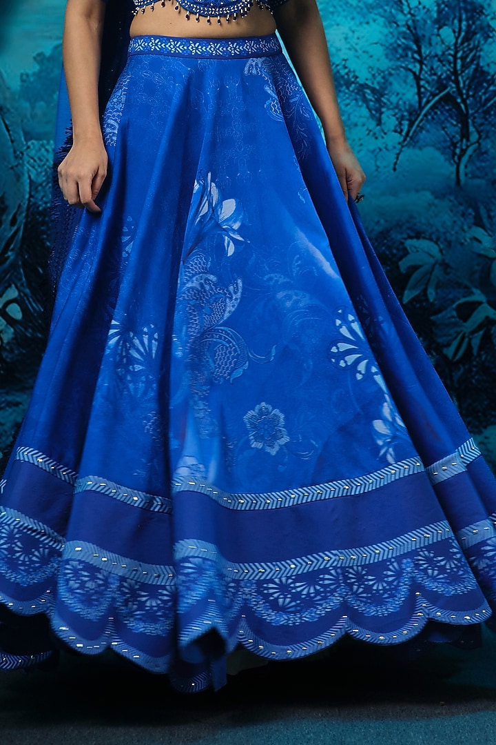 Indigo Blue Chanderi Printed Wedding Lehenga Set by Mandira Wirk - Indian at Pernia's Pop Up Shop