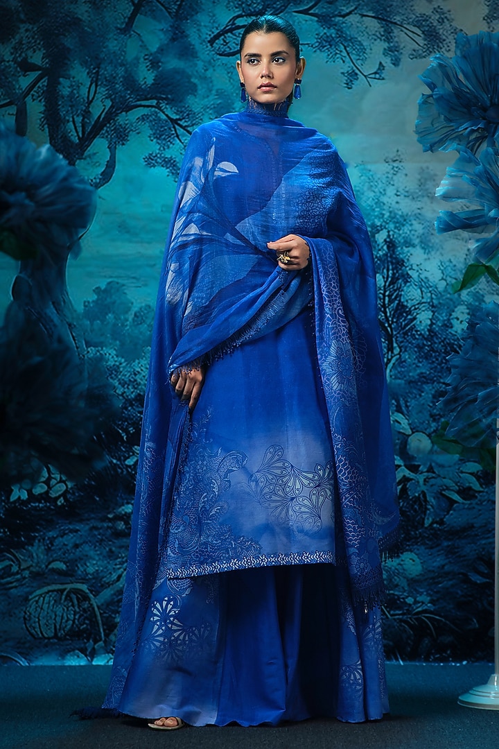 Twilight Blue Chanderi Printed Kurta Set by Mandira Wirk - Indian at Pernia's Pop Up Shop