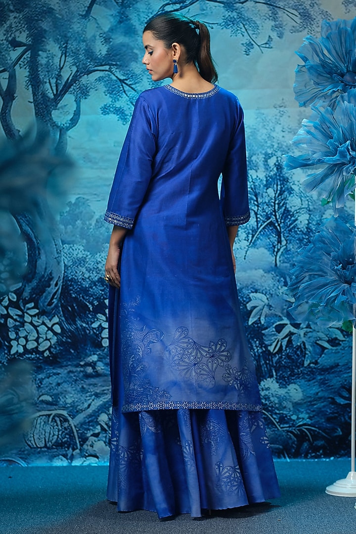 Twilight Blue Chanderi Printed Kurta Set by Mandira Wirk - Indian at Pernia's Pop Up Shop