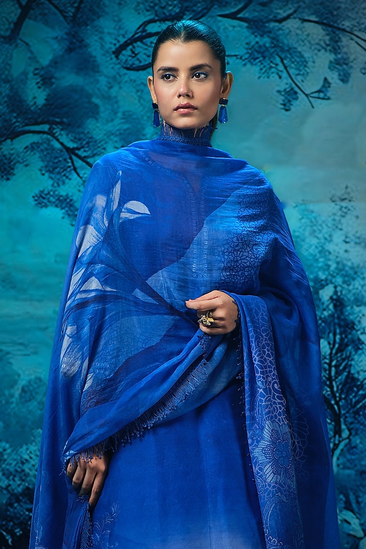 Twilight Blue Chanderi Printed Kurta Set by Mandira Wirk - Indian at Pernia's Pop Up Shop