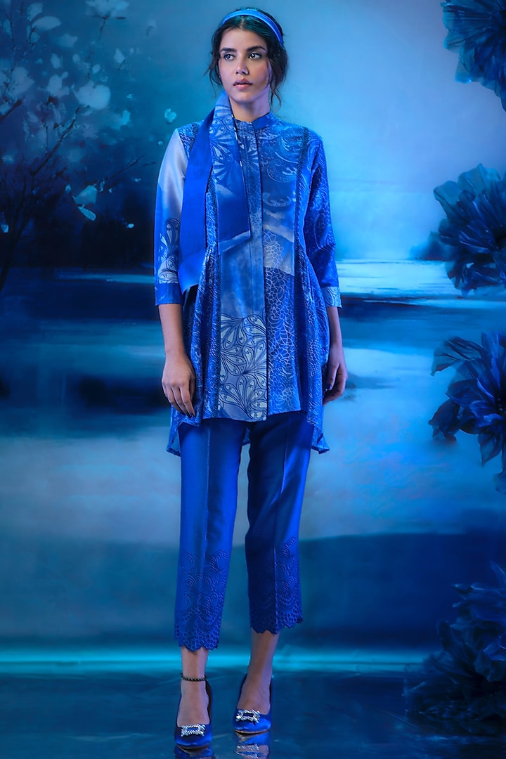 Indigo Blue Chanderi Printed Co-Ord Set by Mandira Wirk - Indian at Pernia's Pop Up Shop