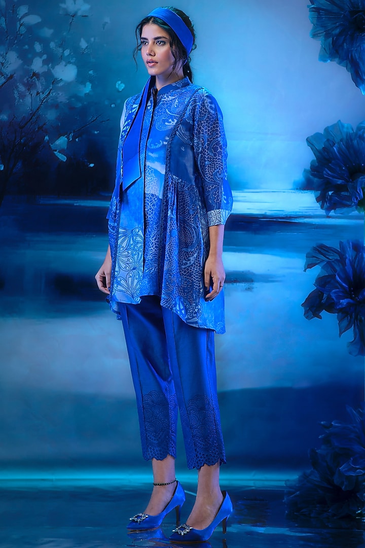 Indigo Blue Chanderi Printed Co-Ord Set by Mandira Wirk - Indian at Pernia's Pop Up Shop