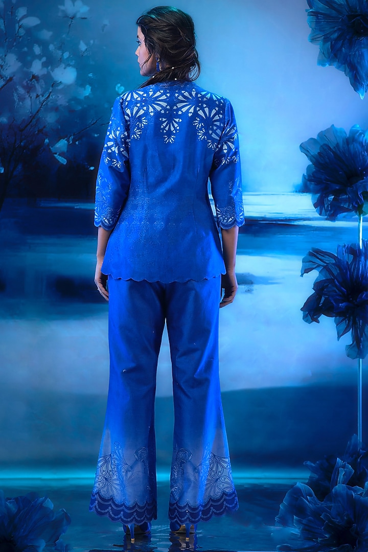 Indigo Blue Chanderi Printed Jacket Set by Mandira Wirk - Indian at Pernia's Pop Up Shop