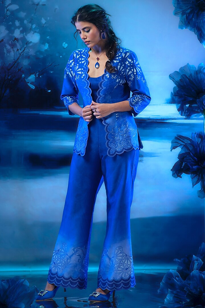 Indigo Blue Chanderi Printed Jacket Set by Mandira Wirk - Indian at Pernia's Pop Up Shop