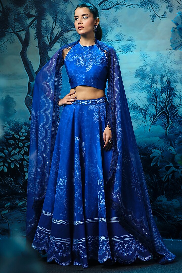 Indigo Blue Chanderi Printed Wedding Lehenga Set by Mandira Wirk - Indian at Pernia's Pop Up Shop