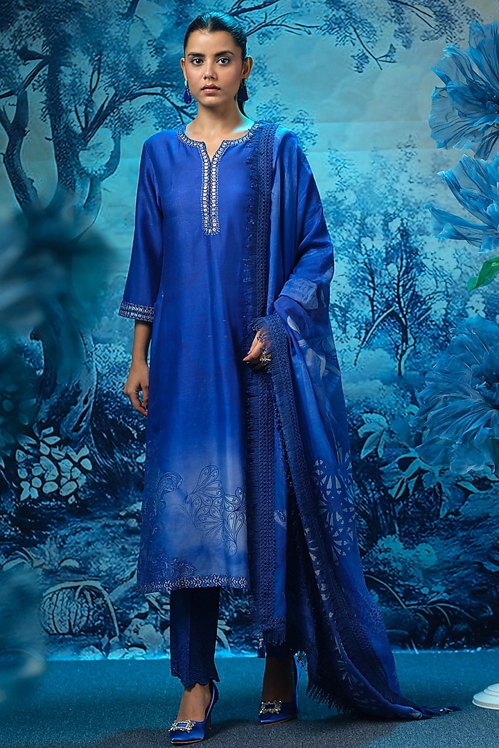 Indigo Blue Chanderi Kurta Set by Mandira Wirk - Indian at Pernia's Pop Up Shop