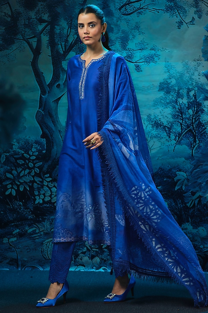 Indigo Blue Chanderi Kurta Set by Mandira Wirk - Indian at Pernia's Pop Up Shop