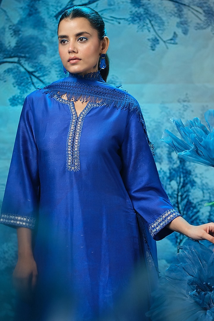 Indigo Blue Chanderi Kurta Set by Mandira Wirk - Indian at Pernia's Pop Up Shop