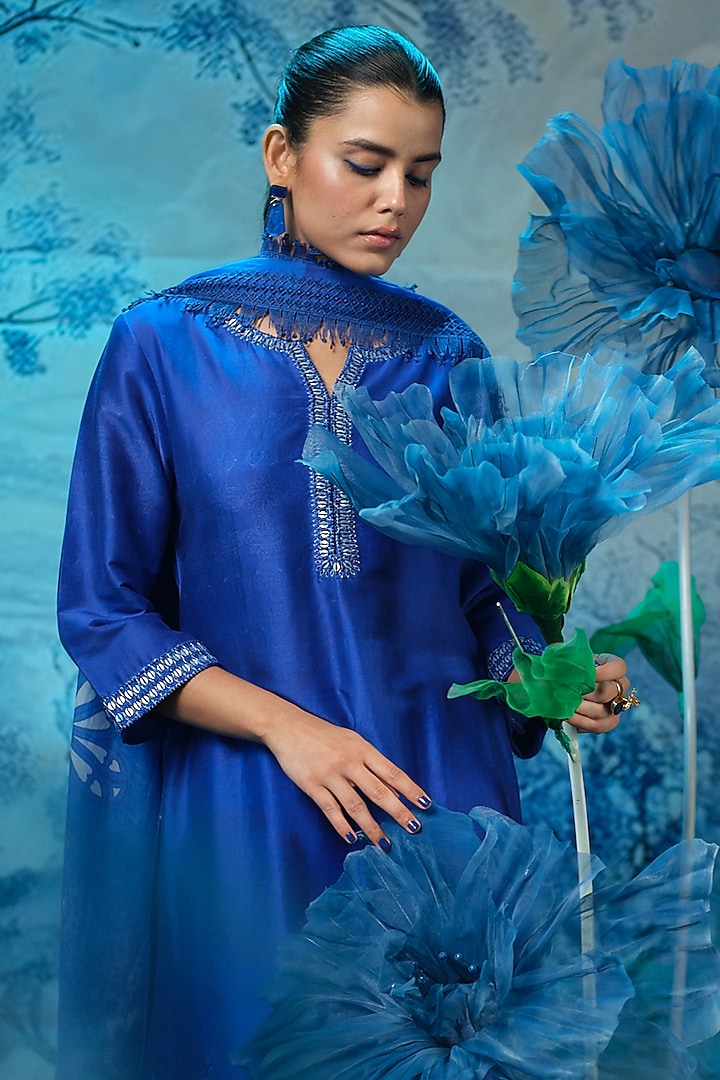 Indigo Blue Chanderi Kurta Set by Mandira Wirk - Indian at Pernia's Pop Up Shop