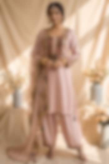 Baby Pink Chanderi Resham Embroidered Kurta Set by Mandira Wirk - Indian at Pernia's Pop Up Shop