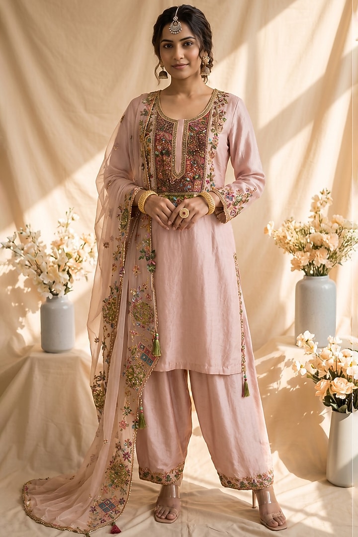 Baby Pink Chanderi Resham Embroidered Kurta Set by Mandira Wirk - Indian at Pernia's Pop Up Shop