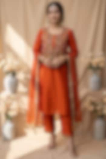 Burnt Orange Chanderi Resham Embroidered Kurta Set by Mandira Wirk - Indian at Pernia's Pop Up Shop