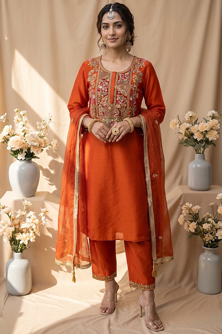 Burnt Orange Chanderi Resham Embroidered Kurta Set by Mandira Wirk - Indian at Pernia's Pop Up Shop