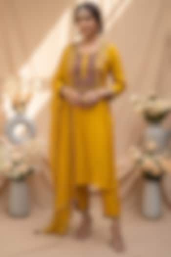 Mustard Yellow Chanderi Resham Embroidered Kurta Set by Mandira Wirk - Indian at Pernia's Pop Up Shop